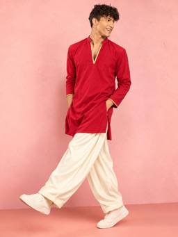 Vastramay - Men Red Solid Viscose Kurta with Patiala Set