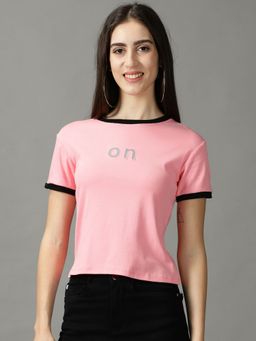 SHOWOFFFF - Womens Round Neck Solid Pink Regular Top