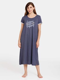Zivame - Rosaline Dream Land Knit Cotton Mid Length Nightdress - Ocean Cavern-Blue