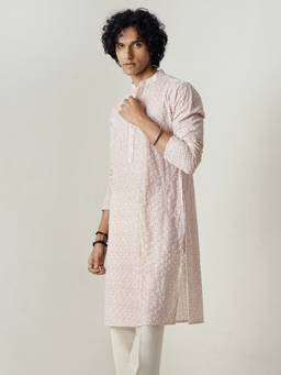 KISAH - Men Peach Embroidered Kurta (S)