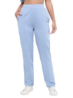 Hunnit - Blue Women High Rise Relaxed Fit Solid Cotton Straight Fit Pant