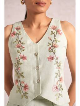Kaveri - Mint Green Blush Vines Waist Coat