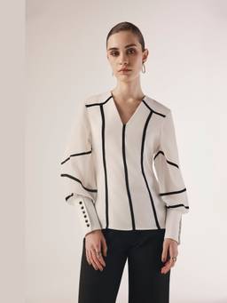Néant - White Contrast Piped Sheer Sleeved Top