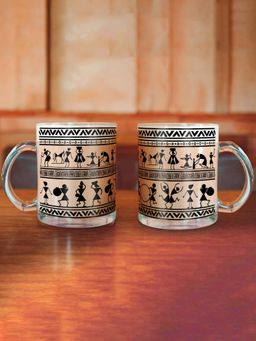 Indigifts - Transparent Mug For Coffee Warli Art Glass Tea Mug, Drinking cup