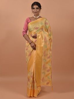 Odette - Mustard Satin Embroidered Saree with Unstitched Blouse