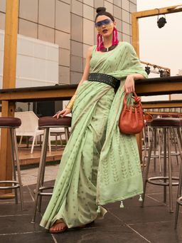 Sareemall - Women Silk Blend Light Green Woven Design Handloom Saree with Unstitched Blouse