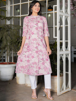 Vbuyz - Womens Floral Printed Straight Cotton Pink Kurta