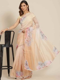 Silk Land - Organza Floral Printed Saree with Unstiched Blouse Piece Beige with Unstitched
