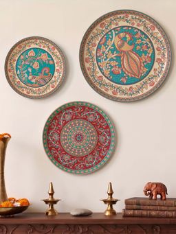 ARTCREST - Madhubani Peacock Wall Plates Metal Wall Art Decor (Pack of 3)