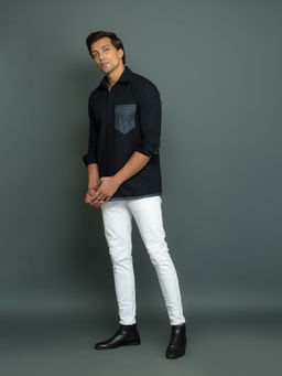 Echke - Black Shirt with Gray Denim Pocket and Gray Denim 1/4 Sleeve Patch