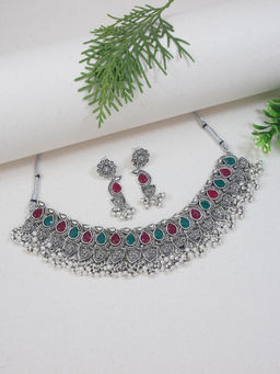 I Jewels - Red and Green Stones Silver Oxidised Ghungroo Drop Choker Necklace Jewellery Set
