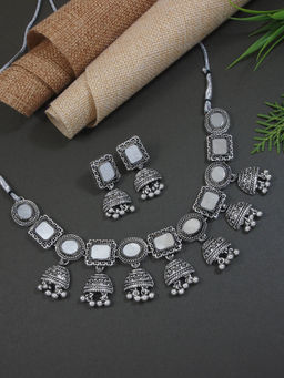 I Jewels - Silver Oxidised Mirror Work Choker Necklace Jewellery Set