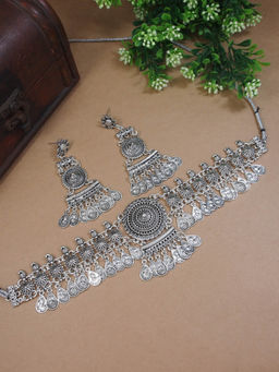 I Jewels - Silver Oxidised Afghani Choker Necklace Jewellery Set