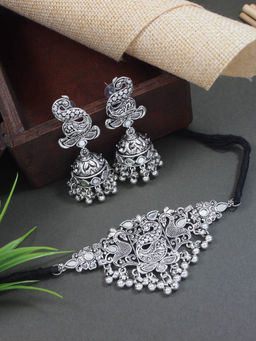 I Jewels - Ethnic Silver Oxidised Peacock Design Ghungroo Necklace Jewellery Set