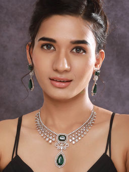 Aatmana - Rhodium Plated Green American Diamonds Studded Handcrafted Jewellery Set