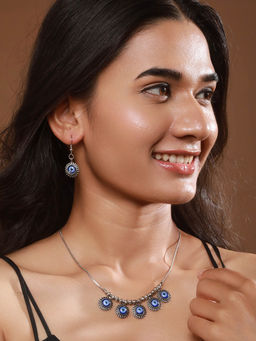Aatmana - Silver Plated Oxidised Evil Eye Necklace and Earrings