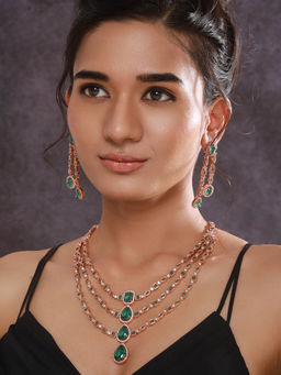 Aatmana - Rose Gold Plated Green American Diamond Studded and Beaded Layered Jewellery Set