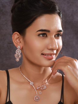 Aatmana - Rose Gold Plated American Diamond Studded Necklace with Earrings Set