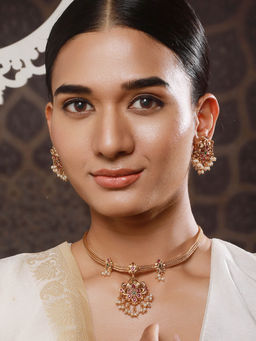 Aatmana - 22K Gold Plated Ruby and Green Kemp Stone Studded Temple Jewellery Set