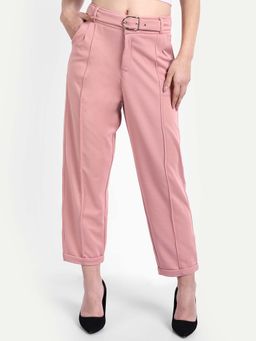 BROADSTAR - Women Pink High Waist Solid Formal Trouser