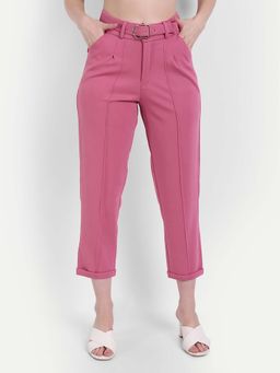 BROADSTAR - Women Pink High Waist Solid Formal Trouser