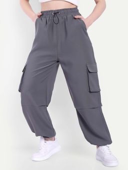 BROADSTAR - Women Dark Grey High Waist Solid Parachute Trouser