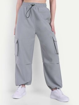 BROADSTAR - Women Light Grey High Waist Solid Parachute Trouser