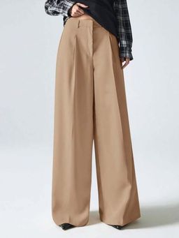 BROADSTAR - Women Beige High Waist Solid Formal Trouser