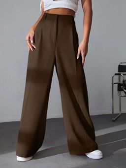 BROADSTAR - Women Dark Brown High Waist Solid Formal Trouser
