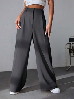 BROADSTAR - Women Dark Grey High Waist Solid Formal Trouser