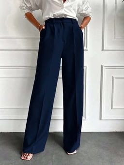 BROADSTAR - Women Navy Blue High Waist Solid Formal Trouser
