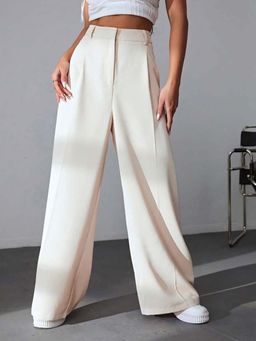 BROADSTAR - Women Off White High Waist Solid Formal Trouser