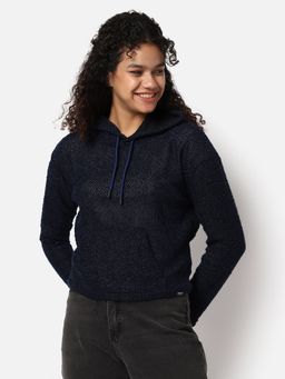 Campus Sutra - Womens Textured Hoodie Sweatshirt Navy Blue