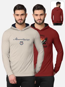 BULLMER - Printed Full Sleeve Hooded T-shirt For Men Beige And Red (Pack of 2)