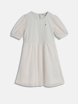 Tommy Hilfiger - White Girls Texture Round Neck Polyester Dress