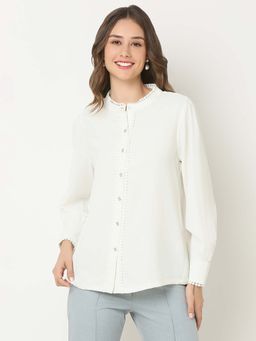 Not So Pink - White Dobby Full Sleeves Shirt with Lace Detailing