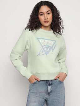 Guess - Green Printed Round Neck Icon Organic Cotton Sweatshirt
