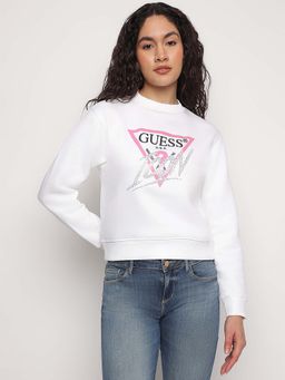 Guess - White Printed Round Neck Icon Organic Cotton Sweatshirt