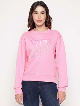 Guess - Pink Printed Round Neck Icon Organic Cotton Sweatshirt