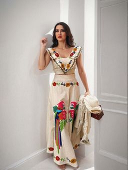 Outzidr - Beige Embroidered Vacay Co-Ord (Set of 2)