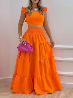 Outzidr - Orange Ruffle Sleeves Tiered Co-Ord (Set of 2)
