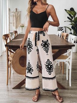 Outzidr - Cream Crop Top and Printed Pant (Set of 2)
