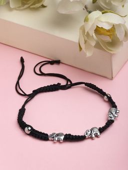 PANASH - Oxidized Silver Toned Elephant Shaped Thread Bracelet Cum Anklet