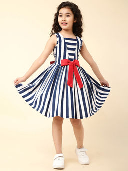 A.T.U.N. - Girls Striped Navy Blue Crepe Dress