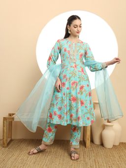 Yufta - Blue Printed Silk Embroidered Anarkali Kurta with Pant & Dupatta (Set of 3)