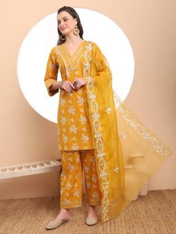 Yufta - Mustard Cotton Lace Work Kurta with Pant & Dupatta (Set of 3)