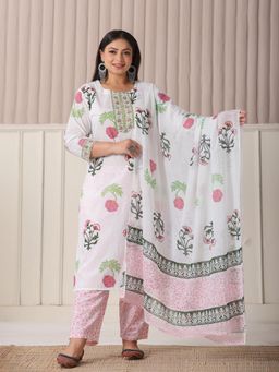 Yufta - White Floral Print Cotton Kurta with Pant & Dupatta (Set of 3)