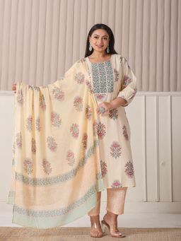 Yufta - White Floral Print Cotton Sequins Work Kurta with Pant & Dupatta (Set of 3)