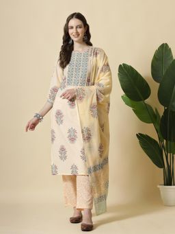 Yufta - Yellow Floral Print Cotton Sequins Work Kurta with Pant & Dupatta (Set of 3)