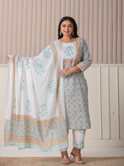 Yufta - Blue Cotton Straight Plus Size Kurta with Pant & Dupatta (Set of 3)